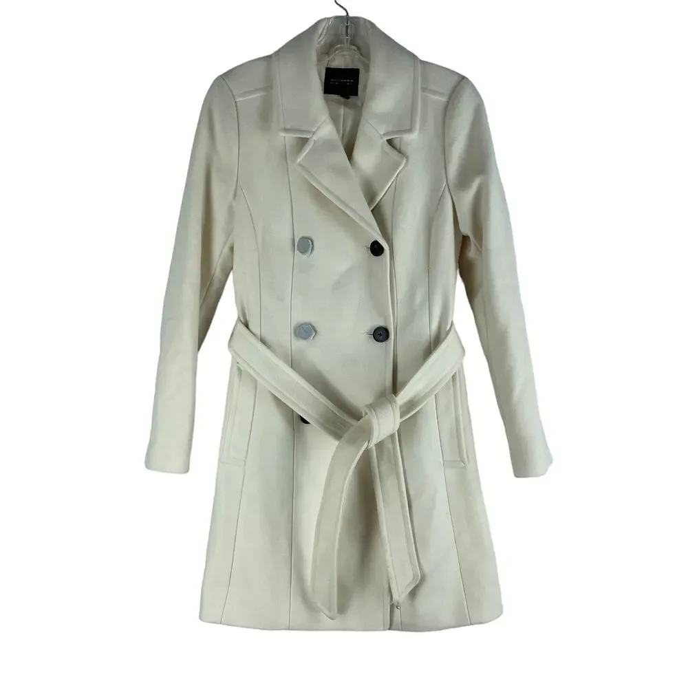 Express Premium Wool Blend Belted Double Breasted Coat Cream White Size XS